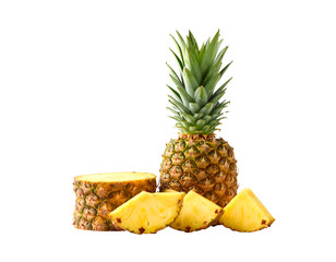 Ripe pineapple with slices and transparent background