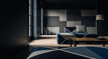 Fototapeta premium Stylish contemporary interior with geometric sofa and panel walls