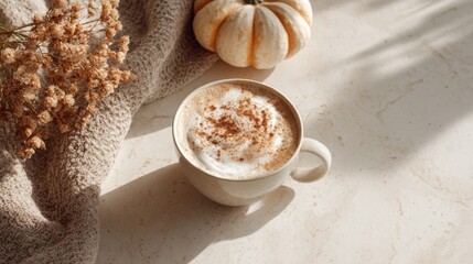 A cup of pumpkin latte on a light milky countertop. A cozy atmosphere. High detail. View from above. Fashion photo shoot. Soft sunlight
