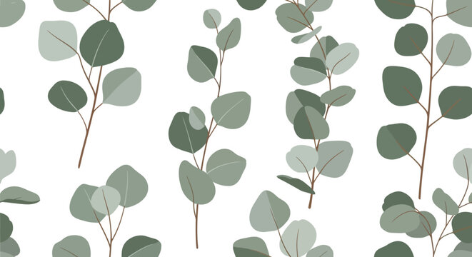 Seamless pattern eucalyptus branches with green leaves on, perfect for botanical or natural themes