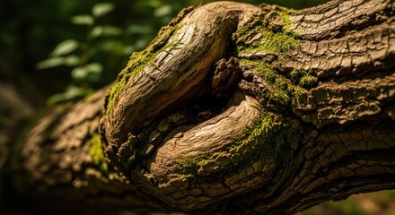 Fototapeta premium Textured gnarled tree branch with green moss, sunlit bark