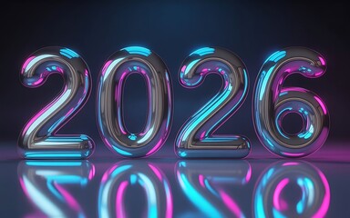 3D chrome “2026” with neon lights and reflections.