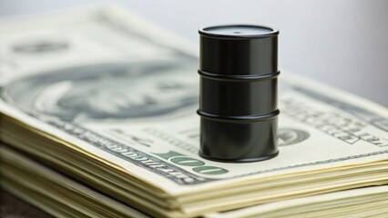 A black oil barrel rests atop a stack of hundred-dollar bills, symbolizing the relationship between oil and finance.
