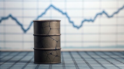A metal oil barrel stands against a background of financial graphs, symbolizing market trends in the oil industry.