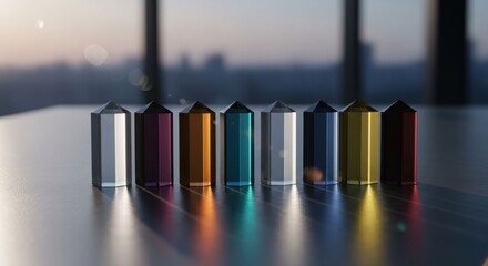 Vibrant hexagonal crystal prisms in a row on a reflective surface