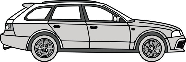 Black and white vintage classic car or stretch limousine isolated on white for luxury transportation or wedding vehicle illustration