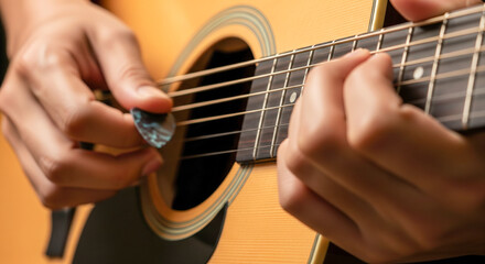 Obraz premium Asian Hands Playing Guitar Action Music Instrument Hobby Acoustic Strumming Performance Close Up