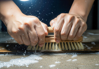 Asian Hands Scrubbing Brush Action Cleaning Dirt Hygiene Home Chore Tool Close Up