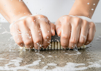 Asian Hands Scrubbing Brush Action Cleaning Dirt Hygiene Home Chore Tool Close Up