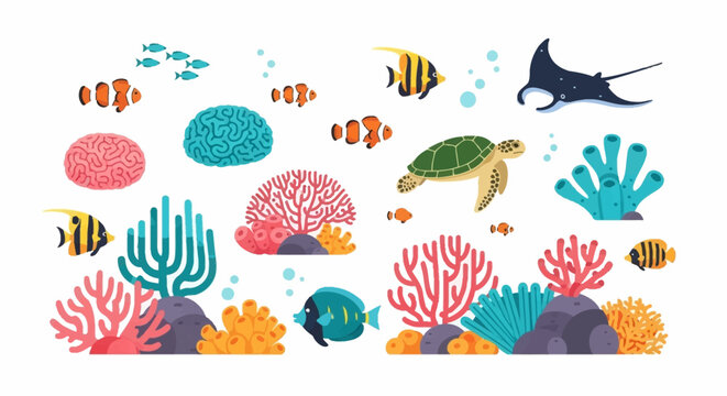 Underwater scene with various colorful coral reef inhabitants including fish, sea turtle, and manta ray, set against