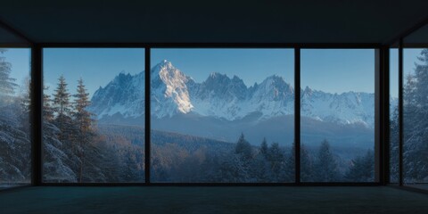 View Of Snow-Covered Mountains Through Large Glass Windows. Tranquil Winter Landscape