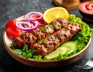 Skewered, grilled meat dish with colorful salad and sauce