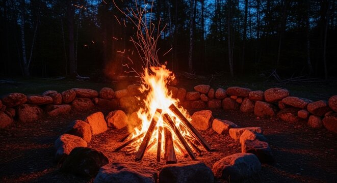 Warm campfire burning in a stone ring in a dark forest at night