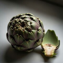 Fototapeta premium Whole and halved fresh green artichoke with dramatic lighting