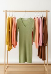 Wooden rack with a green ribbed dress and colorful long-sleeved tops