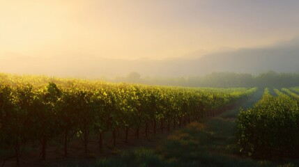 Fototapeta premium Vineyard At Sunrise With Misty Mountains In The Background. Serene Landscape Showcasing Nature'S Beauty