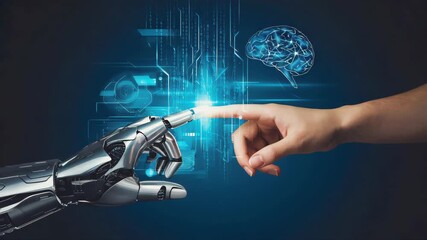 a human hand touching a robotic hand with glowing light at the fingertip, futuristic digital interface, artificial intelligence concept, circuit lines, binary code, digital brain, blue background - Powered by Adobe