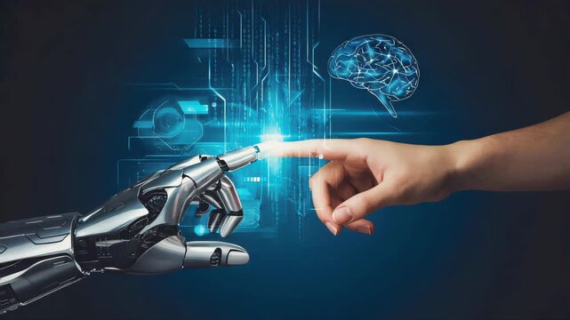 a human hand touching a robotic hand with glowing light at the fingertip, futuristic digital interface, artificial intelligence concept, circuit lines, binary code, digital brain, blue background