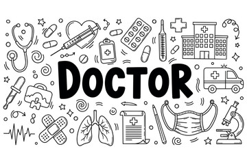 Medical doodle art with hospital elements and doctor theme
