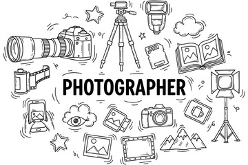 Fototapeta premium Photography tools and elements: cameras, tripod, flash, and more in creative doodle art