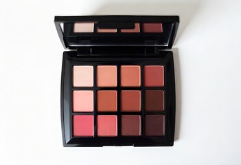 a professional-grade eyeshadow palette with an assortment of vibrant shades arranged in a symmetrical grid, appealing to makeup enthusiasts. white background
