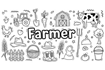 Obraz premium Set of farm elements with tools, animals, and vegetables in black and white