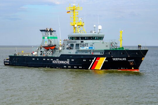 CUXHAVEN, GERMANY &ndash; 30.9.2025: German Coast Guard ship SEEFALKE on the river ELBE