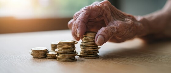 Plakat The elderly hand stacking coins representing careful retirement savings and financial planning