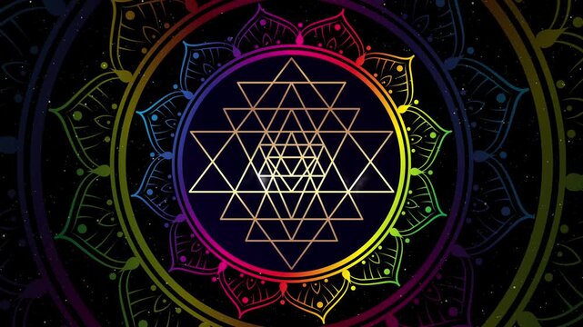 Animation of Psychedelic Sri Yantra lotus mandala, colorful sacred geometry used in Hinduism, Tantrism as a tool for meditation and concentration to harmonize the mind and promote spiritual awakening