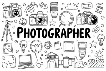 Photography equipment doodle: cameras, lenses, and accessories