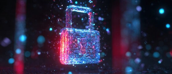 The padlock glowing digital symbol of cybersecurity and data protection in neon light