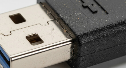 Macro detail of dirty junction on a USB 3.0 connector plug.
An extreme close-up, high-magnification photograph capturing the connection point between the silver metallic plug