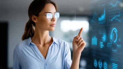 Confident businesswoman in glasses interacts with futuristic digital interface displaying data analytics, charts. Modern technology, innovation empower professionals in smart office environment - Powered by Adobe