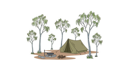 Simple camping tent set up in forest clearing with campfire, surrounded by eucalyptus trees