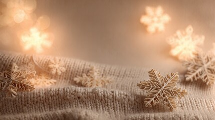 Handmade background with knitted fabric texture, paper snowflakes and soft beige tones, candlelight inspired illumination, warm and cozy mood, space