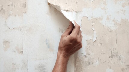 hand pulling old wallpaper from the wall, revealing fresh white surface underneath, renovation in progress, natural daylight