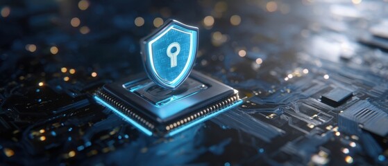 The Shield on a Microchip Representing Cybersecurity, Data Protection and Digital Hardware Security