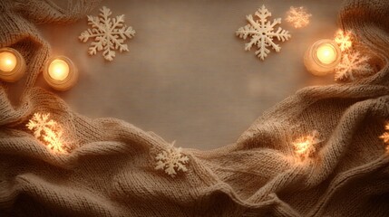 Handmade background with knitted fabric texture, paper snowflakes and soft beige tones, candlelight inspired illumination, warm and cozy mood, space