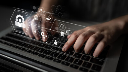 Business management system showing teamwork, productivity, and planning. Management supports goal, management tracks progress, management improves teamwork, and enhances productivity. Latch