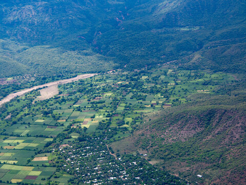 High aerial view of farms and mountains outside Arba Minch, Ethiopia.