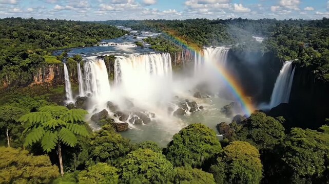 Experience the stunning sight of mighty waterfalls crashing through vibrant green forests. The sun casts golden light at dawn and dusk, creating a mesmerizing atmosphere adorned with rainbows.