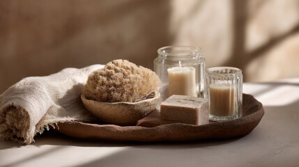 Handmade bathroom with clay soap dish, natural loofah, linen towel, and glass jar candles, neutral earthy tones, morning light, calm spa atmosphere