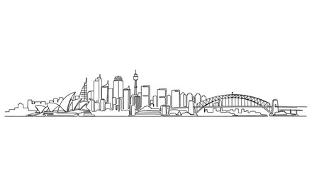 Naklejka premium Handdrawn sketch the sydney skyline, featuring iconic buildings and the harbour bridge, presented in minimalist line style