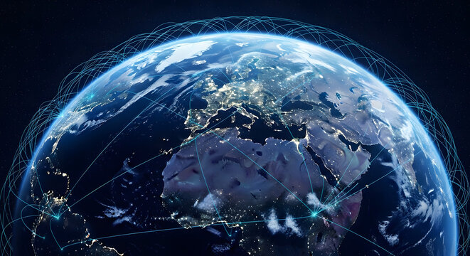 Stunning panoramic view of Earth at night, overlaid with a luminous grid symbolizing global communication, internet connectivity, and the digital age
