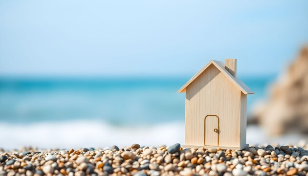 A small wooden model house sits on a pebble beach with a blurry blue ocean and sky in the background.
