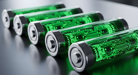 Futuristic energy storage solution with a line of advanced green batteries representing clean power