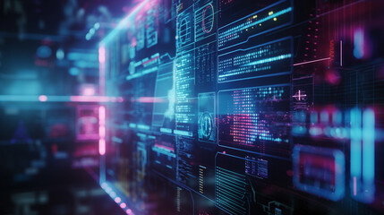 Cybernetic interface: A complex interface, illuminated by vibrant digital readouts, displays data and technological prowess. This image offers a glimpse into the cutting edge of modern interfaces.