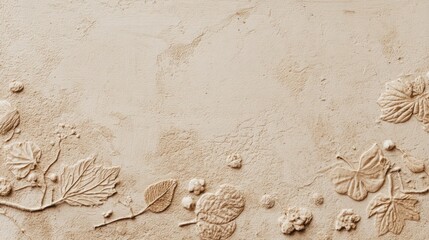 Handmade clay surface with imprints of leaves and flowers, natural earthy tones, smooth light and gentle shadows, eco style background, space