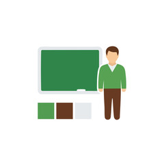 Teacher standing beside chalkboard with color swatches.