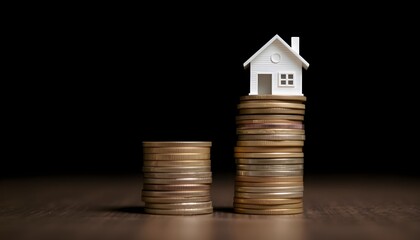 A small white house sits atop a tall stack of coins, symbolizing the high cost of housing.